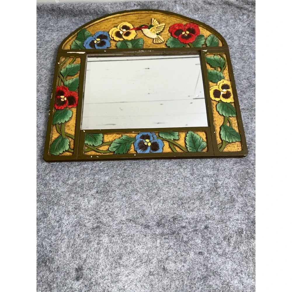 Vintage Hand Painted Pansy Hummingbird Floral Arched Wall Mirror Cottagecore